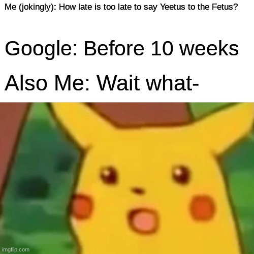 Que Paso? | Me (jokingly): How late is too late to say Yeetus to the Fetus? Google: Before 10 weeks; Also Me: Wait what- | image tagged in memes,surprised pikachu | made w/ Imgflip meme maker