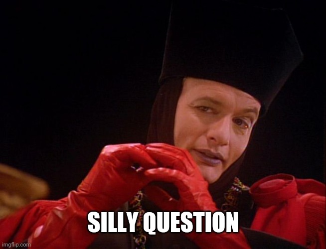 Star Trek Q John Delancie  | SILLY QUESTION | image tagged in star trek q john delancie | made w/ Imgflip meme maker