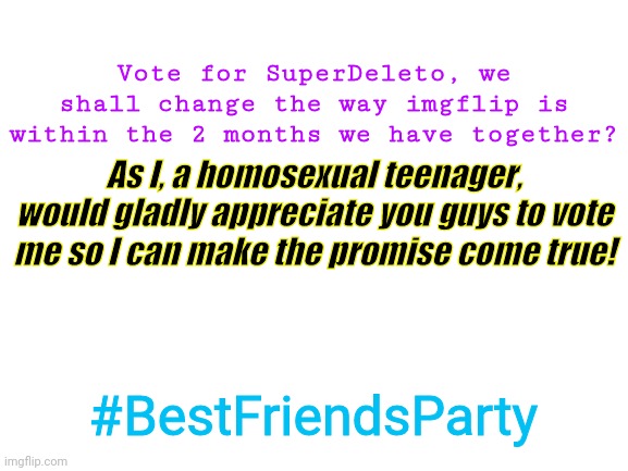 Blank White Template | Vote for SuperDeleto, we shall change the way imgflip is within the 2 months we have together? As I, a homosexual teenager, would gladly appreciate you guys to vote me so I can make the promise come true! #BestFriendsParty | image tagged in blank white template | made w/ Imgflip meme maker