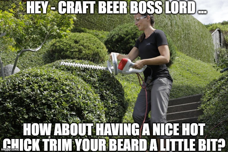 HEY - CRAFT BEER BOSS LORD ... HOW ABOUT HAVING A NICE HOT CHICK TRIM YOUR BEARD A LITTLE BIT? | image tagged in woman with a bush trimmer 3 | made w/ Imgflip meme maker