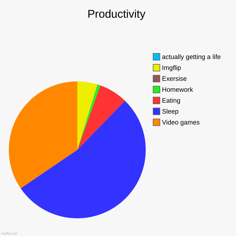Productivity | Video games, Sleep, Eating, Homework, Exersise, Imgflip, actually getting a life | image tagged in charts,pie charts | made w/ Imgflip chart maker