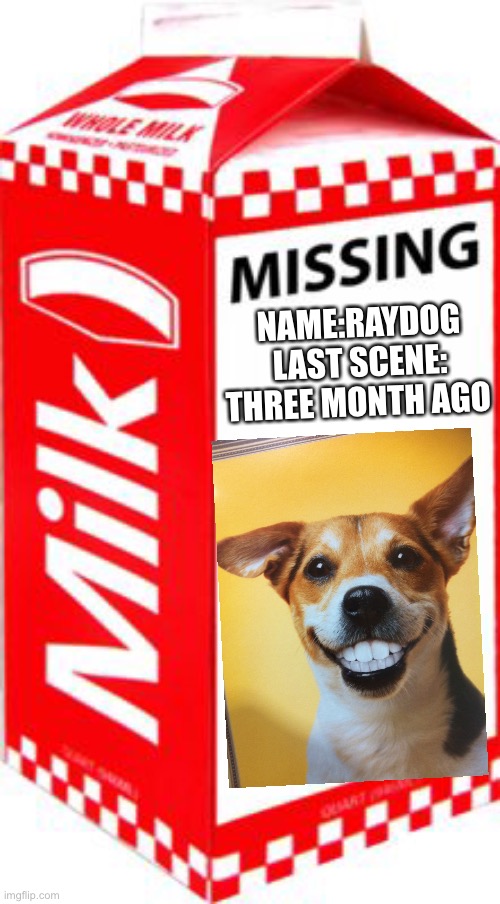 Where you at raydog | NAME:RAYDOG
LAST SCENE: THREE MONTH AGO | image tagged in missing,raydog | made w/ Imgflip meme maker