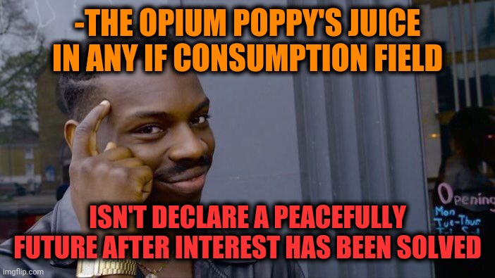 -Opium flowers. | -THE OPIUM POPPY'S JUICE IN ANY IF CONSUMPTION FIELD; ISN'T DECLARE A PEACEFULLY FUTURE AFTER INTEREST HAS BEEN SOLVED | image tagged in memes,roll safe think about it,hallucinate,glitch week,heroin,theneedledrop | made w/ Imgflip meme maker