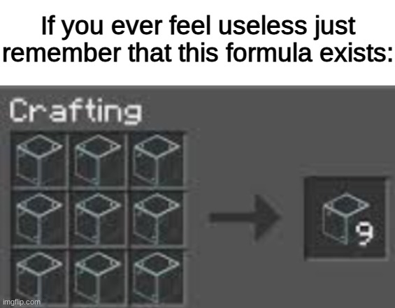 uselessness: 100 | If you ever feel useless just remember that this formula exists: | image tagged in blank white template,minecraft,glass,memes,dank memes,useless | made w/ Imgflip meme maker