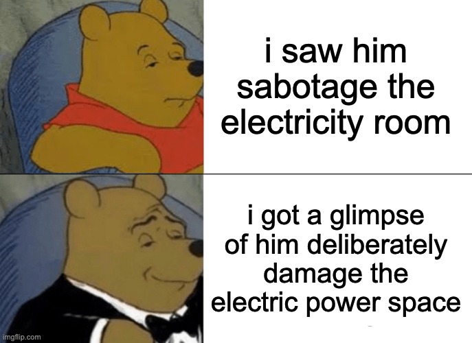 Tuxedo Winnie The Pooh Meme | i saw him sabotage the electricity room i got a glimpse of him deliberately damage the electric power space | image tagged in memes,tuxedo winnie the pooh | made w/ Imgflip meme maker