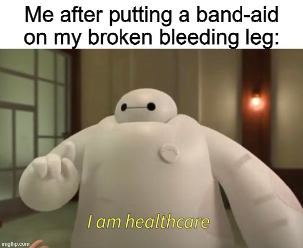 I am smort | Me after putting a band-aid on my broken bleeding leg: | image tagged in i am healthcare | made w/ Imgflip meme maker