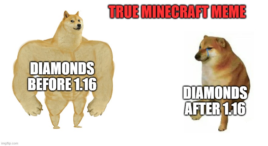 True Minecraft Meme | TRUE MINECRAFT MEME; DIAMONDS BEFORE 1.16; DIAMONDS AFTER 1.16 | image tagged in buff doge vs crying cheems,minecraft | made w/ Imgflip meme maker