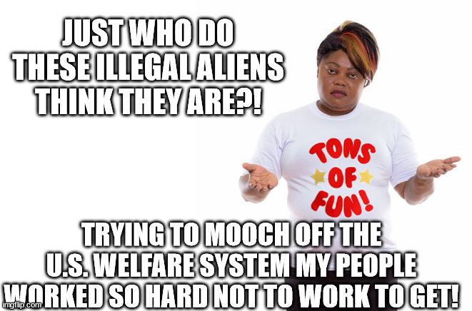Just who do Illegal Aliens think they are! | JUST WHO DO THESE ILLEGAL ALIENS THINK THEY ARE?! TRYING TO MOOCH OFF THE U.S. WELFARE SYSTEM MY PEOPLE WORKED SO HARD NOT TO WORK TO GET! | image tagged in tons of black fun,illegal aliens,refugees,biden,daca,blm | made w/ Imgflip meme maker