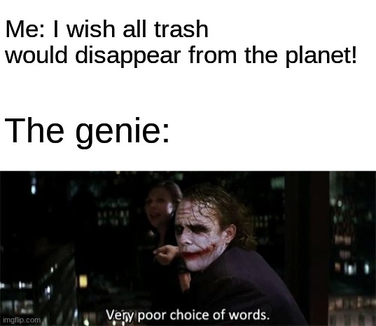 Help I accidentally Thanosed myself | Me: I wish all trash would disappear from the planet! The genie: | image tagged in blank white template,very poor choice of words | made w/ Imgflip meme maker