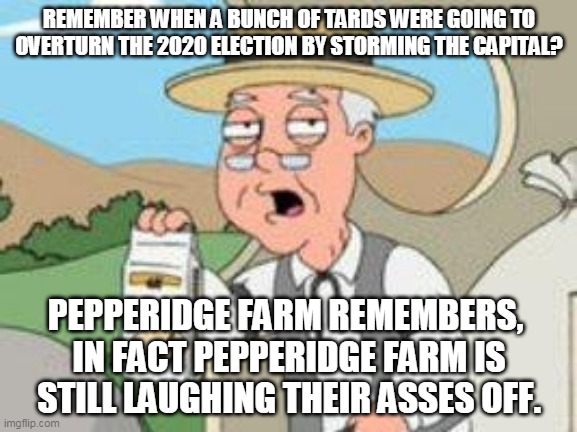 remember when a bunch of tards were going to overturn the 2020 election by storming the capital? | REMEMBER WHEN A BUNCH OF TARDS WERE GOING TO OVERTURN THE 2020 ELECTION BY STORMING THE CAPITAL? PEPPERIDGE FARM REMEMBERS, 
IN FACT PEPPERIDGE FARM IS STILL LAUGHING THEIR ASSES OFF. | image tagged in pepperage farms remembers | made w/ Imgflip meme maker