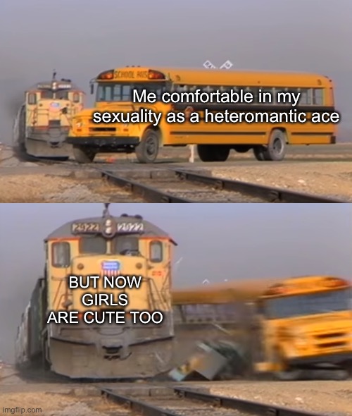 Sh*t I might be bi??? Ahhhhhh idk | Me comfortable in my sexuality as a heteromantic ace; BUT NOW GIRLS ARE CUTE TOO | image tagged in a train hitting a school bus | made w/ Imgflip meme maker