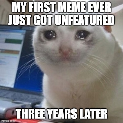 Crying cat | MY FIRST MEME EVER JUST GOT UNFEATURED; THREE YEARS LATER | image tagged in crying cat | made w/ Imgflip meme maker
