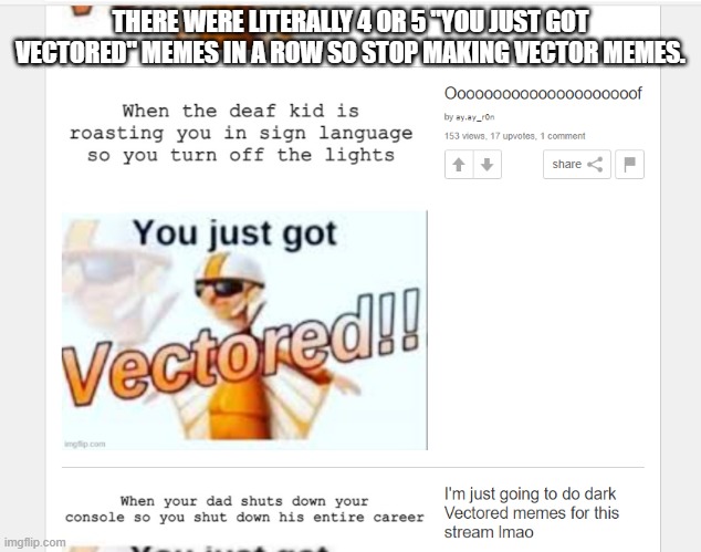 Stop it now | THERE WERE LITERALLY 4 OR 5 "YOU JUST GOT VECTORED" MEMES IN A ROW SO STOP MAKING VECTOR MEMES. | image tagged in you just got vectored,its time to stop | made w/ Imgflip meme maker