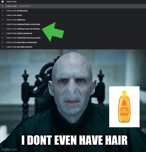 google search | I DONT EVEN HAVE HAIR | image tagged in lord voldemort,shampoo,google search,no hair | made w/ Imgflip meme maker