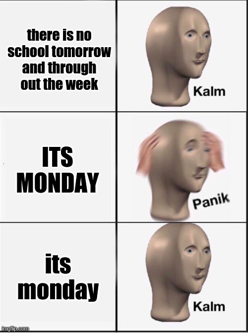REEEEEEEEEEEEEE | there is no school tomorrow and through out the week; ITS MONDAY; its monday | image tagged in reverse kalm panik | made w/ Imgflip meme maker