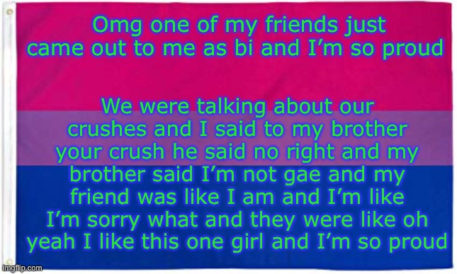 Go follow my brother at bigboypants49 | We were talking about our crushes and I said to my brother your crush he said no right and my brother said I’m not gae and my friend was like I am and I’m like I’m sorry what and they were like oh yeah I like this one girl and I’m so proud; Omg one of my friends just came out to me as bi and I’m so proud | image tagged in bisexual flag | made w/ Imgflip meme maker
