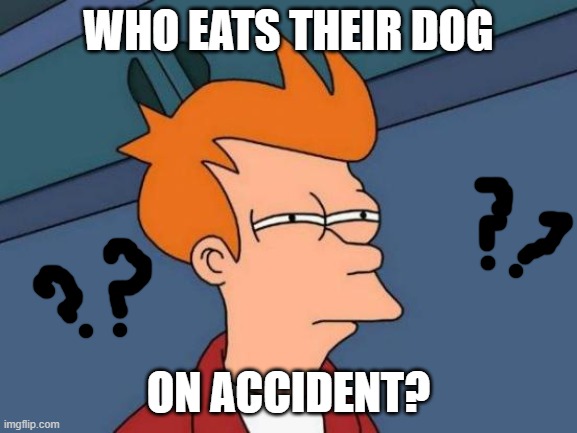 Futurama Fry Meme | WHO EATS THEIR DOG ON ACCIDENT? | image tagged in memes,futurama fry | made w/ Imgflip meme maker