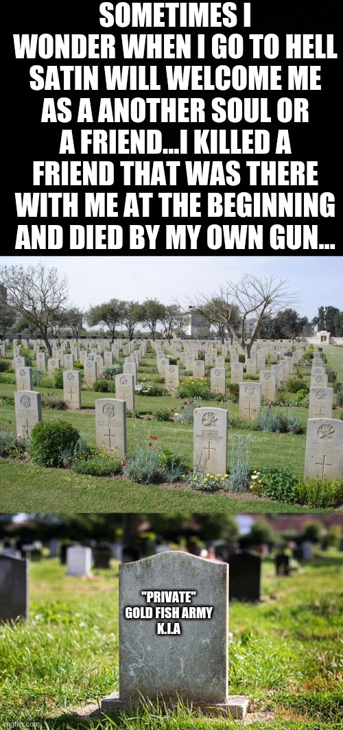 SOMETIMES I WONDER WHEN I GO TO HELL SATIN WILL WELCOME ME AS A ANOTHER SOUL OR A FRIEND...I KILLED A FRIEND THAT WAS THERE WITH ME AT THE BEGINNING AND DIED BY MY OWN GUN... "PRIVATE"
GOLD FISH ARMY
K.I.A | image tagged in black background | made w/ Imgflip meme maker