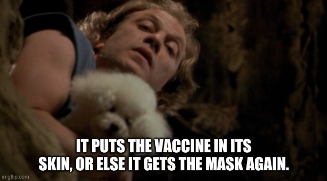 covid vaccines | IT PUTS THE VACCINE IN ITS SKIN, OR ELSE IT GETS THE MASK AGAIN. | image tagged in buffalo bill silence of the lambs,silence of the lambs,it puts the lotion on its skin | made w/ Imgflip meme maker