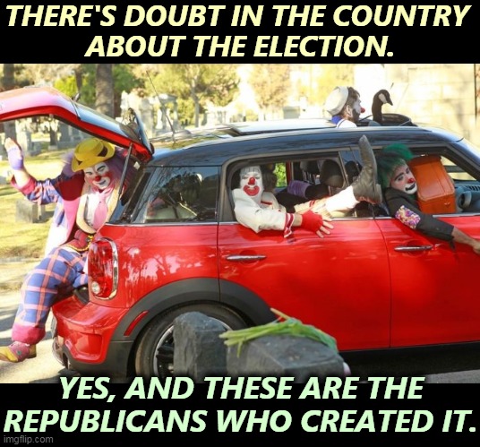 Republicans shook America's faith in democracy. Power, that's all that matters. | THERE'S DOUBT IN THE COUNTRY 
ABOUT THE ELECTION. YES, AND THESE ARE THE REPUBLICANS WHO CREATED IT. | image tagged in clown car republicans,trump,election,steal,lies | made w/ Imgflip meme maker