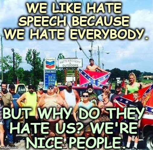 The Trumptard's Lament | WE LIKE HATE 
SPEECH BECAUSE 
WE HATE EVERYBODY. BUT WHY DO THEY 
HATE US? WE'RE 
NICE PEOPLE. | image tagged in trump's base - redneck hillbilly voters,trump,redneck,hillbilly,hatred,bigotry | made w/ Imgflip meme maker
