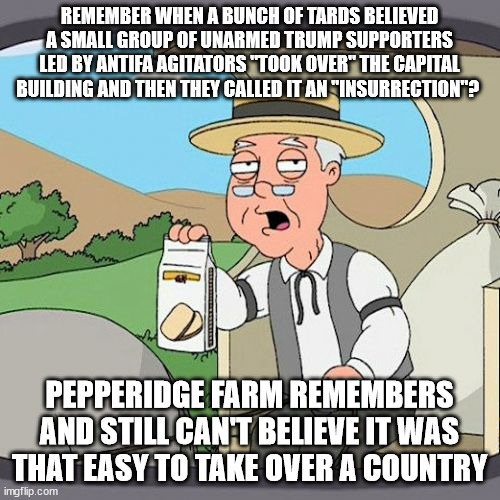 Pepperidge Farm Remembers Meme | REMEMBER WHEN A BUNCH OF TARDS BELIEVED A SMALL GROUP OF UNARMED TRUMP SUPPORTERS LED BY ANTIFA AGITATORS "TOOK OVER" THE CAPITAL BUILDING A | image tagged in memes,pepperidge farm remembers | made w/ Imgflip meme maker