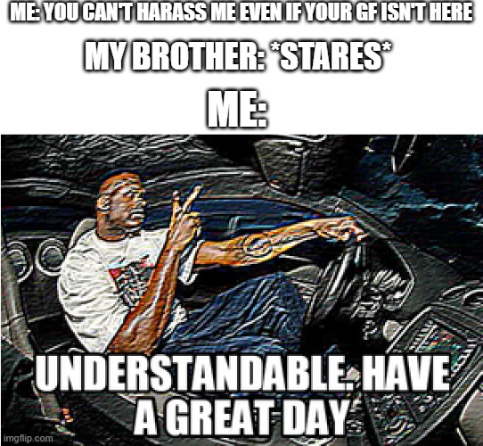 UNDERSTANDABLE, HAVE A GREAT DAY | ME: YOU CAN'T HARASS ME EVEN IF YOUR GF ISN'T HERE; MY BROTHER: *STARES*; ME: | image tagged in understandable have a great day | made w/ Imgflip meme maker