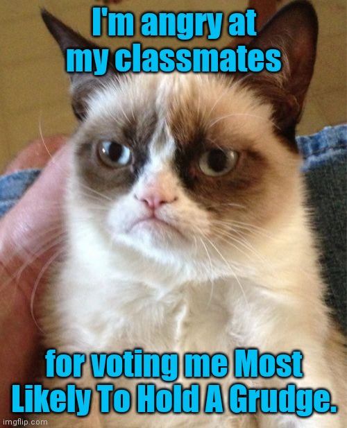 I gotta be me. | I'm angry at my classmates; for voting me Most Likely To Hold A Grudge. | image tagged in memes,grumpy cat,funny | made w/ Imgflip meme maker
