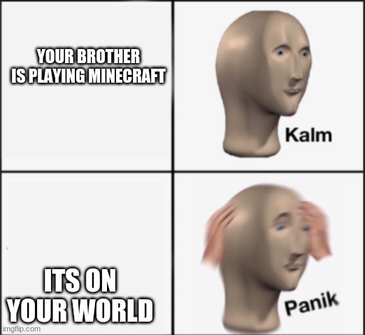 kalm panik | YOUR BROTHER IS PLAYING MINECRAFT ITS ON YOUR WORLD | image tagged in kalm panik | made w/ Imgflip meme maker