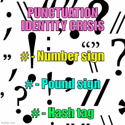 Who or What Am # | PUNCTUATION IDENTITY CRISIS; # - Number sign; # - Pound sign; # - Hash tag | image tagged in grammar,punctuation,hashtag | made w/ Imgflip meme maker