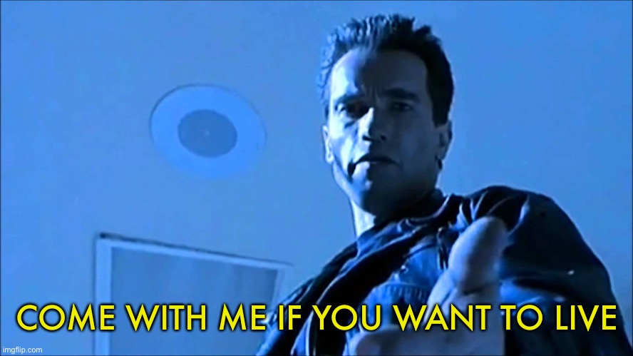 Terminator Come with me | COME WITH ME IF YOU WANT TO LIVE | image tagged in terminator come with me | made w/ Imgflip meme maker