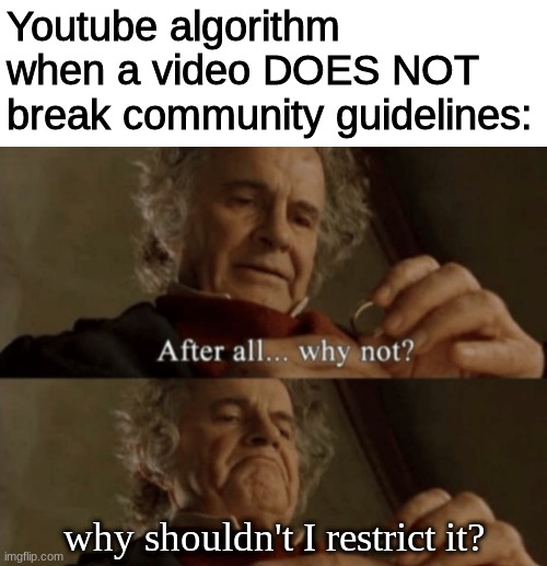 Youtube, where an AI is dumber than a human | Youtube algorithm when a video DOES NOT break community guidelines:; why shouldn't I restrict it? | image tagged in after all why not,scumbag youtube | made w/ Imgflip meme maker