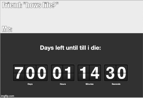 days left until i die | Friend: "hows life?"; Me: | image tagged in its true | made w/ Imgflip meme maker
