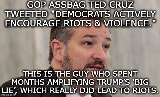 The Myopic Hypocrisy Is Crushing My Skull. | GOP ASSBAG TED CRUZ TWEETED "DEMOCRATS ACTIVELY ENCOURAGE RIOTS & VIOLENCE."; THIS IS THE GUY WHO SPENT MONTHS AMPLIFYING TRUMP’S ‘BIG LIE’, WHICH REALLY DID LEAD TO RIOTS. | image tagged in ted cruz,gop,republicans,democrats,riots,violence | made w/ Imgflip meme maker