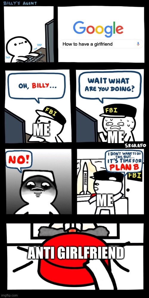 Billy’s FBI agent plan B | How to have a girlfriend; ME; ME; ME; ANTI GIRLFRIEND | image tagged in billy s fbi agent plan b | made w/ Imgflip meme maker