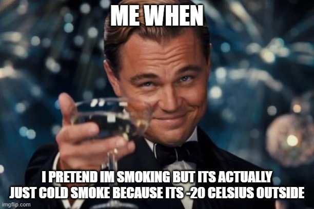 Leonardo Dicaprio Cheers | ME WHEN; I PRETEND IM SMOKING BUT ITS ACTUALLY JUST COLD SMOKE BECAUSE ITS -20 CELSIUS OUTSIDE | image tagged in memes,leonardo dicaprio cheers | made w/ Imgflip meme maker