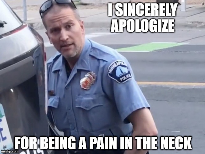 Too soon? | I SINCERELY APOLOGIZE; FOR BEING A PAIN IN THE NECK | image tagged in derek chauvin murderer killer cop | made w/ Imgflip meme maker