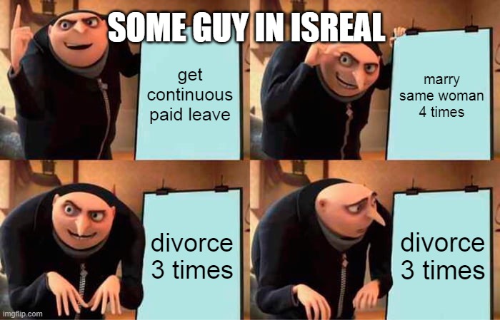 Gru's Plan | SOME GUY IN ISREAL; get continuous paid leave; marry same woman 4 times; divorce 3 times; divorce 3 times | image tagged in memes,gru's plan,funny memes | made w/ Imgflip meme maker