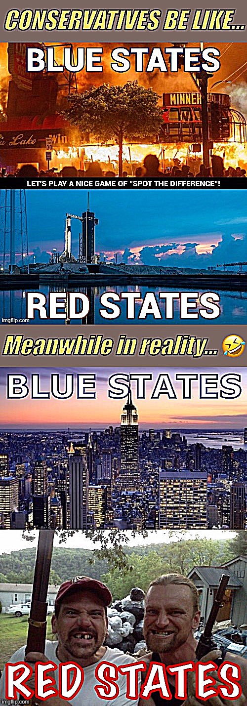 Ain’t ch’all never seen a skyscraper before?! ;) | image tagged in red states vs blue states,conservative logic | made w/ Imgflip meme maker