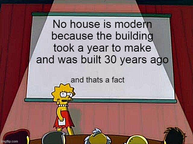 Lisa Simpson's Presentation | No house is modern because the building took a year to make and was built 30 years ago; and thats a fact | image tagged in lisa simpson's presentation | made w/ Imgflip meme maker