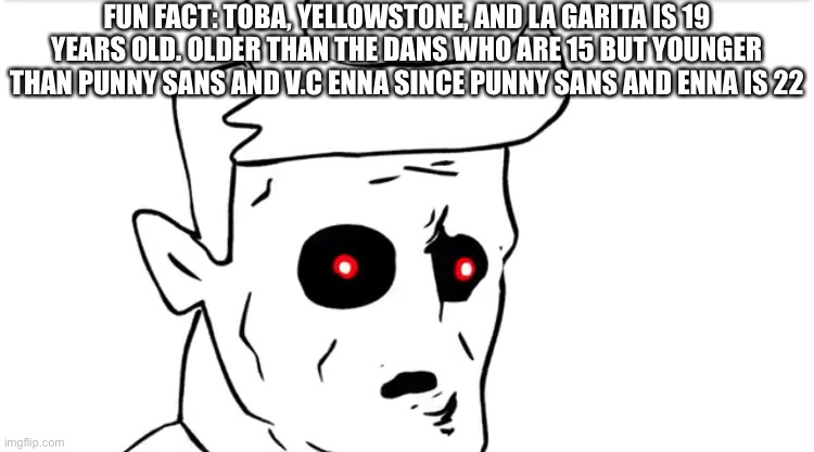 Surprised Daddy Dearest | FUN FACT: TOBA, YELLOWSTONE, AND LA GARITA IS 19 YEARS OLD. OLDER THAN THE DANS WHO ARE 15 BUT YOUNGER THAN PUNNY SANS AND V.C ENNA SINCE PUNNY SANS AND ENNA IS 22 | image tagged in surprised daddy dearest | made w/ Imgflip meme maker