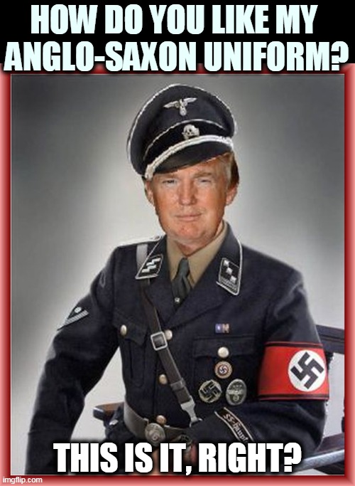 Don't know much about history. | HOW DO YOU LIKE MY 
ANGLO-SAXON UNIFORM? THIS IS IT, RIGHT? | image tagged in trump nazi officer - never an office in the usa,trump,white supremacy,fools | made w/ Imgflip meme maker