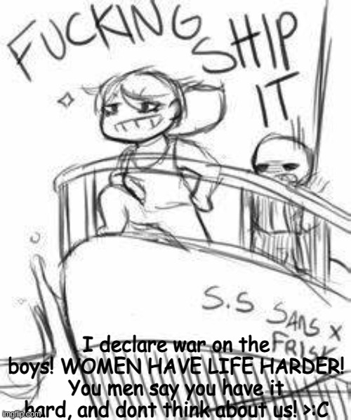 *waves a fucking flag in the air like a maniac* | I declare war on the boys! WOMEN HAVE LIFE HARDER! You men say you have it hard, and dont think about us! >:C | image tagged in fucking ship it | made w/ Imgflip meme maker