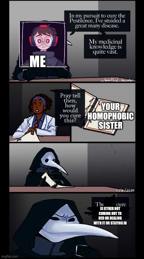 Scp-49 The only cure is death | YOUR HOMOPHOBIC SISTER ME IS EITHER NOT COMING OUT TO HER OR DEALING WITH IT OR STAYING IN | image tagged in scp-49 the only cure is death | made w/ Imgflip meme maker