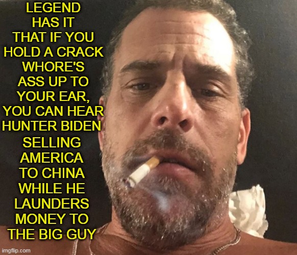I've Confirmed This To Be Accurate Information. Take That CNN! | LEGEND HAS IT THAT IF YOU HOLD A CRACK WHORE'S ASS UP TO YOUR EAR, YOU CAN HEAR HUNTER BIDEN; SELLING AMERICA TO CHINA WHILE HE LAUNDERS MONEY TO THE BIG GUY | image tagged in memes,hunter biden,joe biden,election 2020,china,coronavirus | made w/ Imgflip meme maker