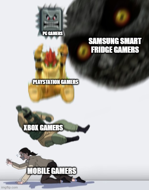 I'm not biased | PC GAMERS; SAMSUNG SMART FRIDGE GAMERS; PLAYSTATION GAMERS; XBOX GAMERS; MOBILE GAMERS | image tagged in crushing combo | made w/ Imgflip meme maker