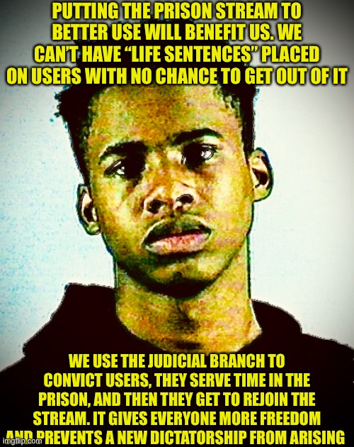 Big Richard is smart guys trust me | PUTTING THE PRISON STREAM TO BETTER USE WILL BENEFIT US. WE CAN’T HAVE “LIFE SENTENCES” PLACED ON USERS WITH NO CHANCE TO GET OUT OF IT; WE USE THE JUDICIAL BRANCH TO CONVICT USERS, THEY SERVE TIME IN THE PRISON, AND THEN THEY GET TO REJOIN THE STREAM. IT GIVES EVERYONE MORE FREEDOM AND PREVENTS A NEW DICTATORSHIP FROM ARISING | made w/ Imgflip meme maker