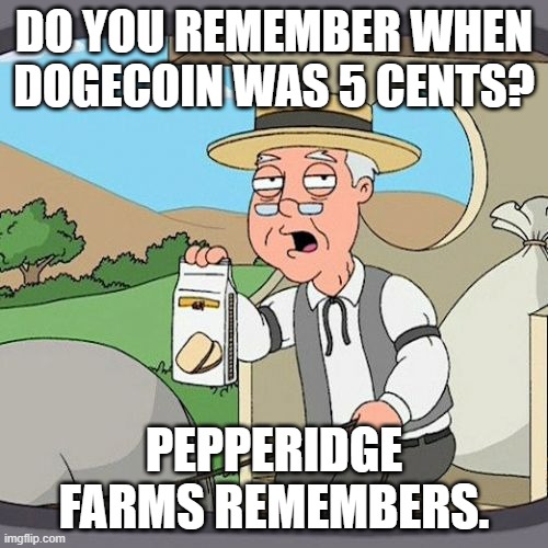Do you remember when Dogecoin was 5 cents? | DO YOU REMEMBER WHEN DOGECOIN WAS 5 CENTS? PEPPERIDGE FARMS REMEMBERS. | image tagged in memes,pepperidge farm remembers,dogecoin | made w/ Imgflip meme maker