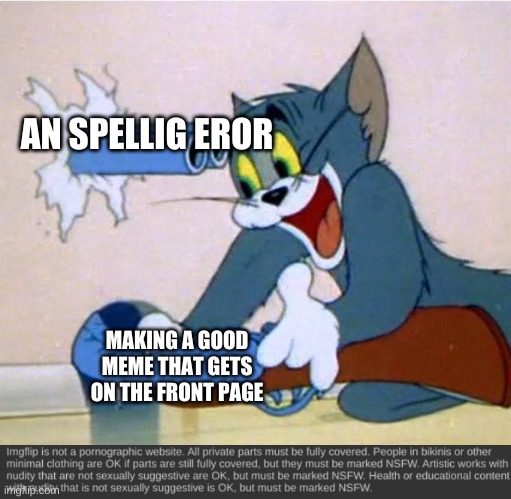 AN SPELLIG EROR; MAKING A GOOD MEME THAT GETS ON THE FRONT PAGE | image tagged in tom shotgun | made w/ Imgflip meme maker