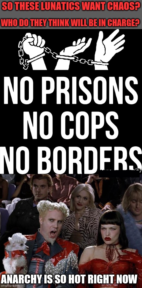 SO THESE LUNATICS WANT CHAOS? WHO DO THEY THINK WILL BE IN CHARGE? ANARCHY IS SO HOT RIGHT NOW | image tagged in memes,mugatu so hot right now,border wall,police,anarchy | made w/ Imgflip meme maker